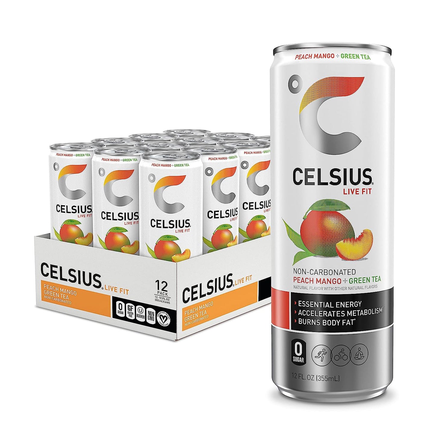 CELSIUS Peach Mango Green Tea, Functional Essential Energy Drink 12 Fl Oz (Pack of 12)