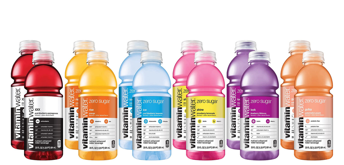 Vitamin Water ZERO Sugar | All Flavor Variety Pack (Sampler) - 20 fl Oz Bottles, Nutrient Electrolyte Enhanced Flavored Drinking Water With Vitamins. Rise, Shine, Ice, Look, Gutsy, XXX | Pack of 12