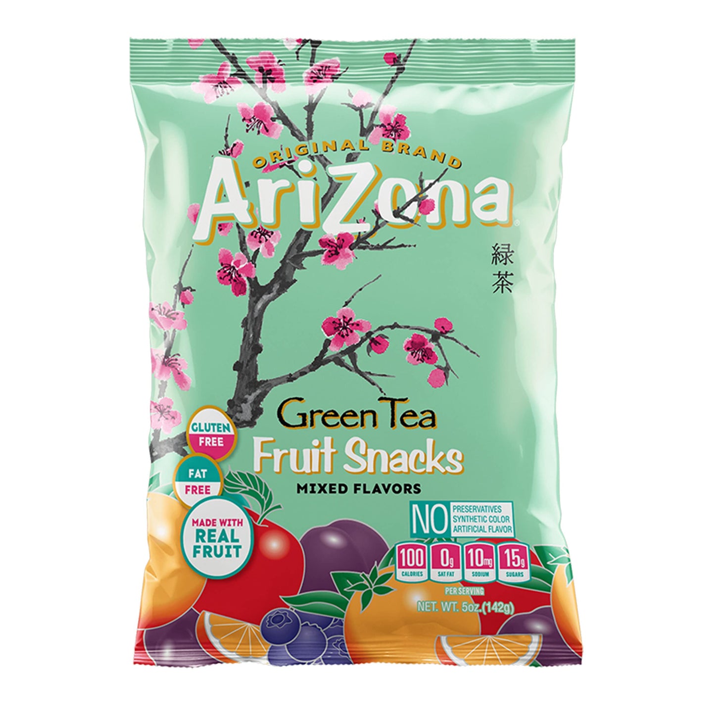 AriZona Green Tea Fruit Snacks, Gluten Free Mixed Fruit Gummy Chews 5 Ounce Individual Single Serve Bags , Green Tea,(Pack of 12) Green Tea 5 Ounce (Pack of 12)